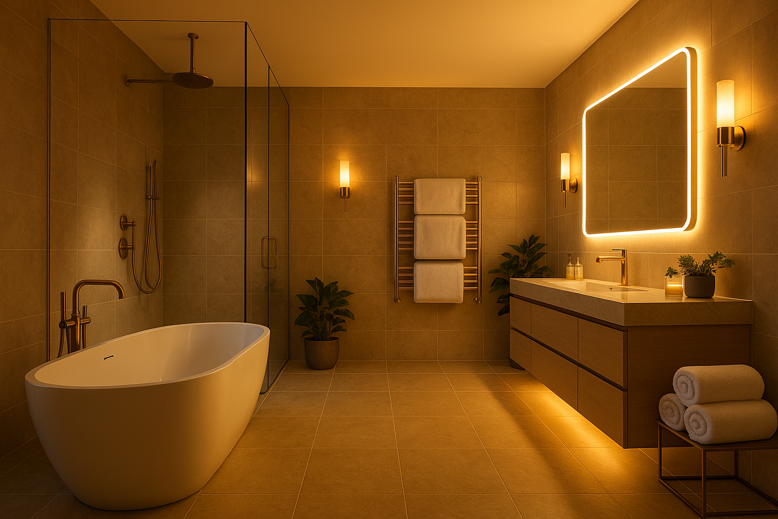 Stunning completed bathroom renovation with modern fixtures, perfect lighting, and luxury finishes