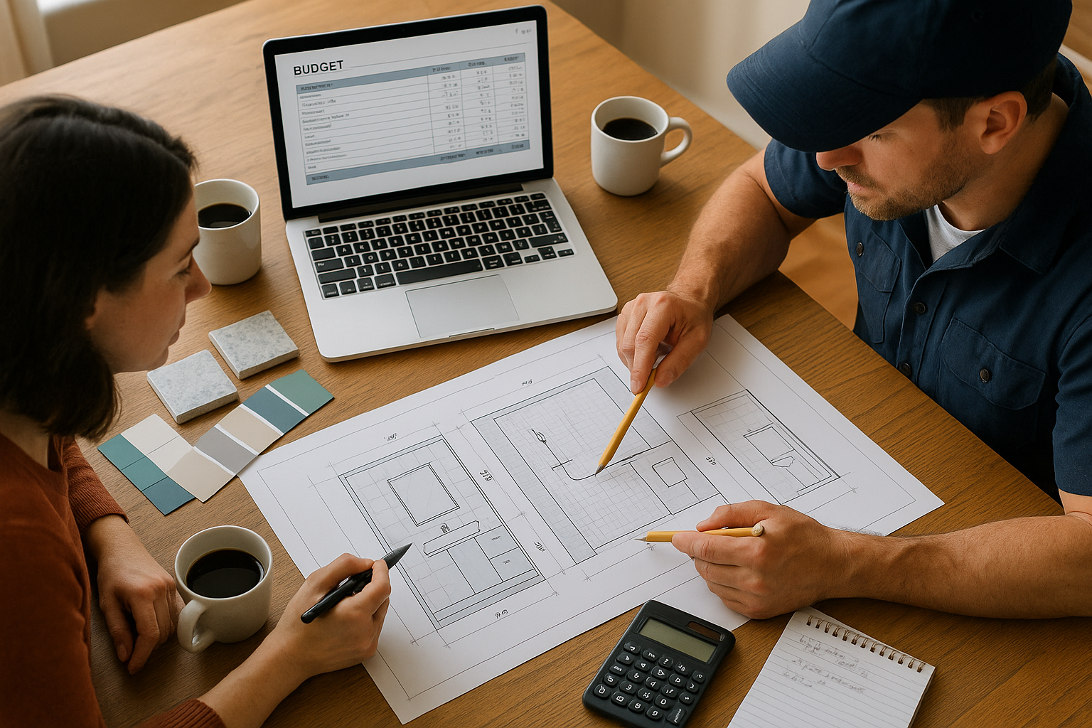 Homeowner reviewing bathroom renovation plans and budget spreadsheet with contractor