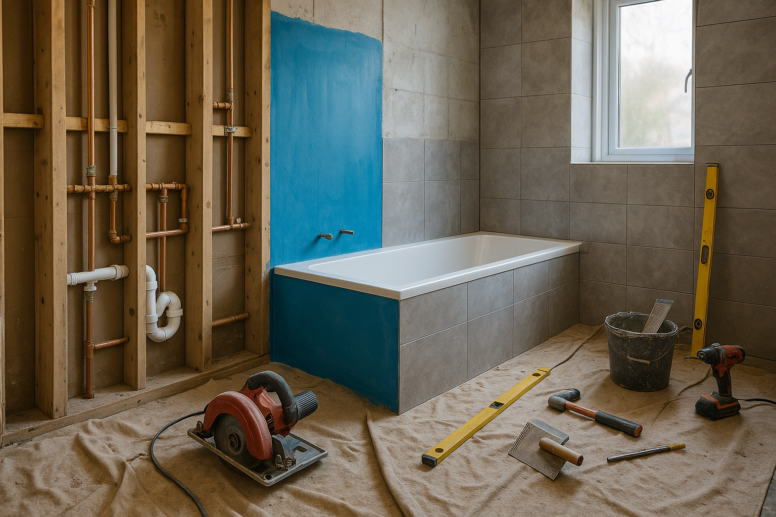 Bathroom renovation in progress showing stripped room with exposed plumbing and new fixtures being installed