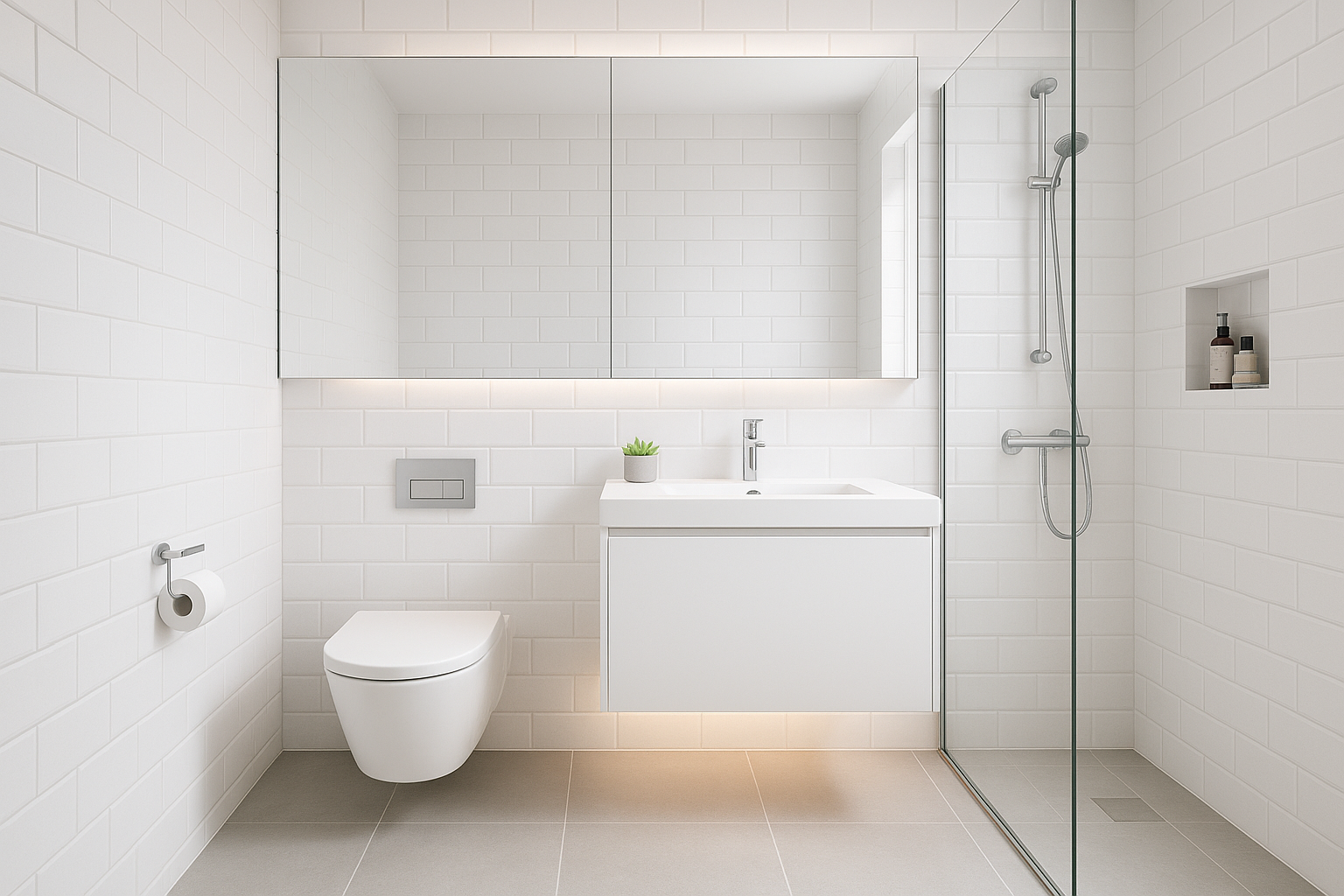 Small bathroom with wall-mounted toilet, floating vanity, and glass shower creating spacious feel