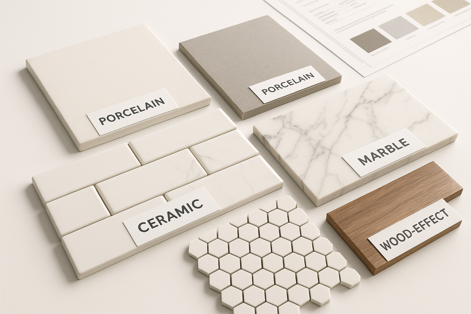 Various bathroom tile samples displayed including porcelain, ceramic, and natural stone options