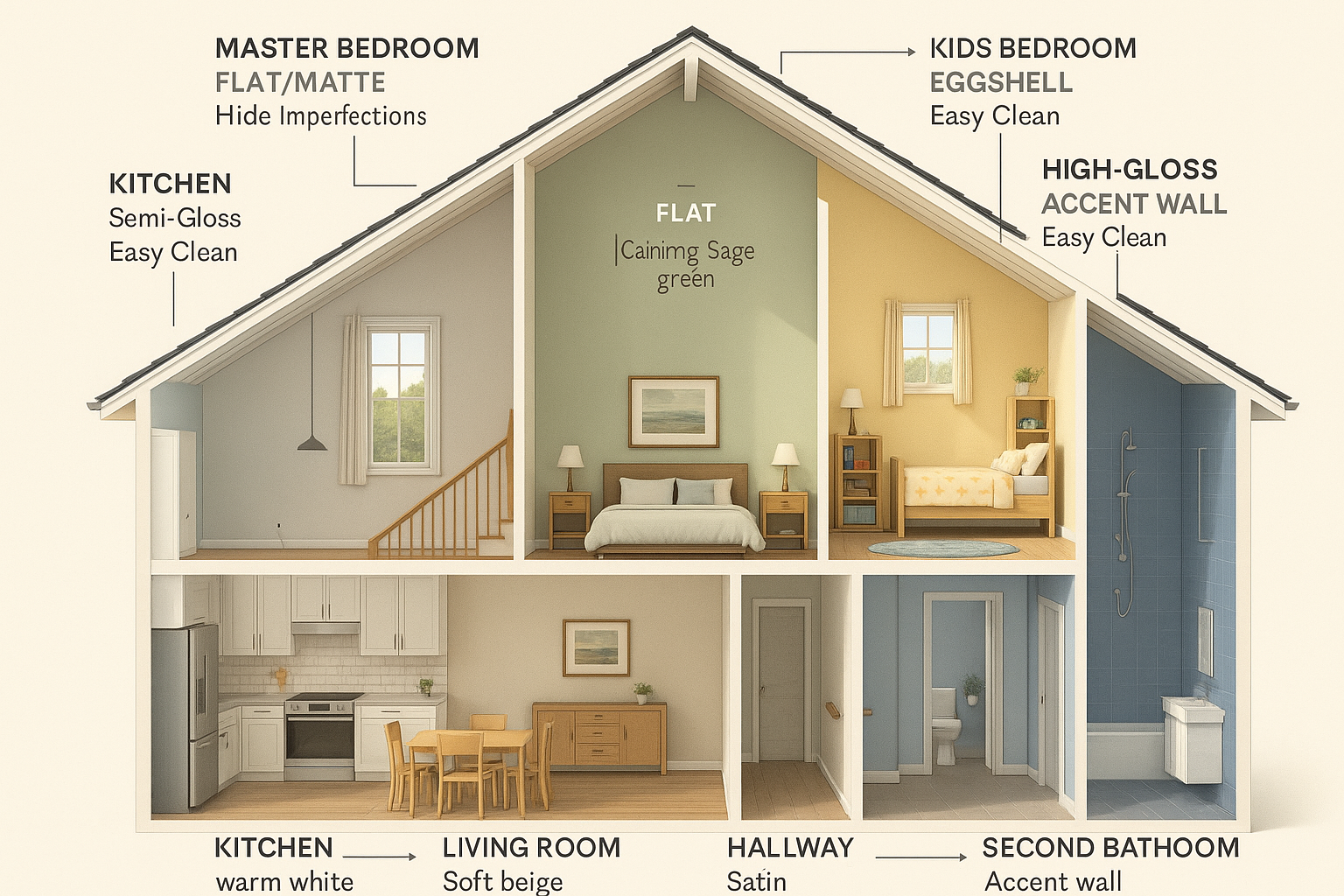 Home cross-section showing recommended paint finishes for different rooms