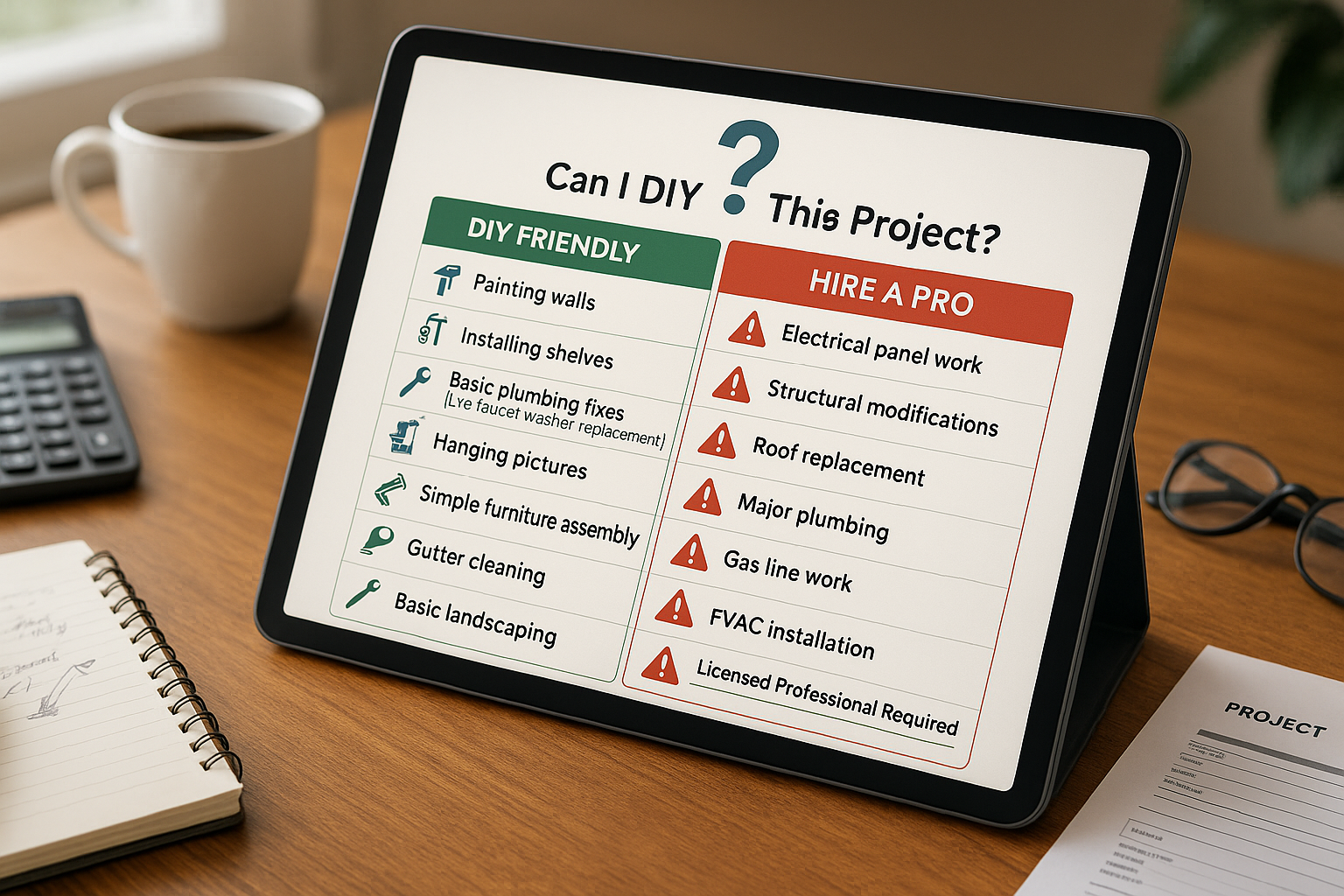 Decision-making chart comparing DIY projects vs hiring professionals