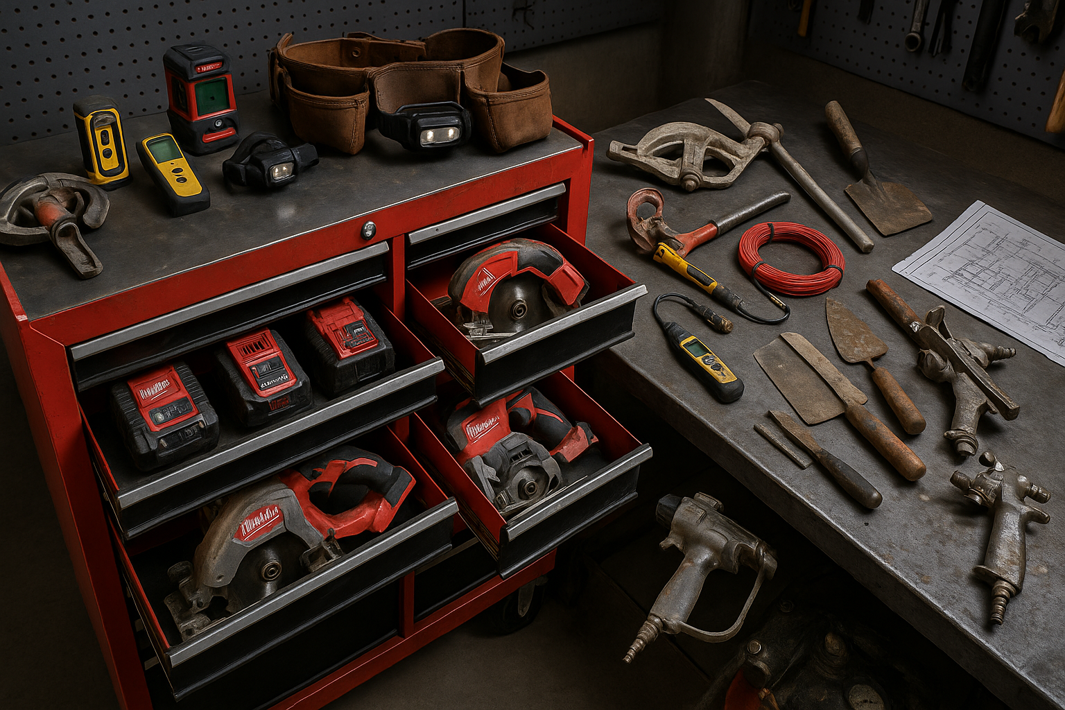 Professional contractor tools and equipment in workshop