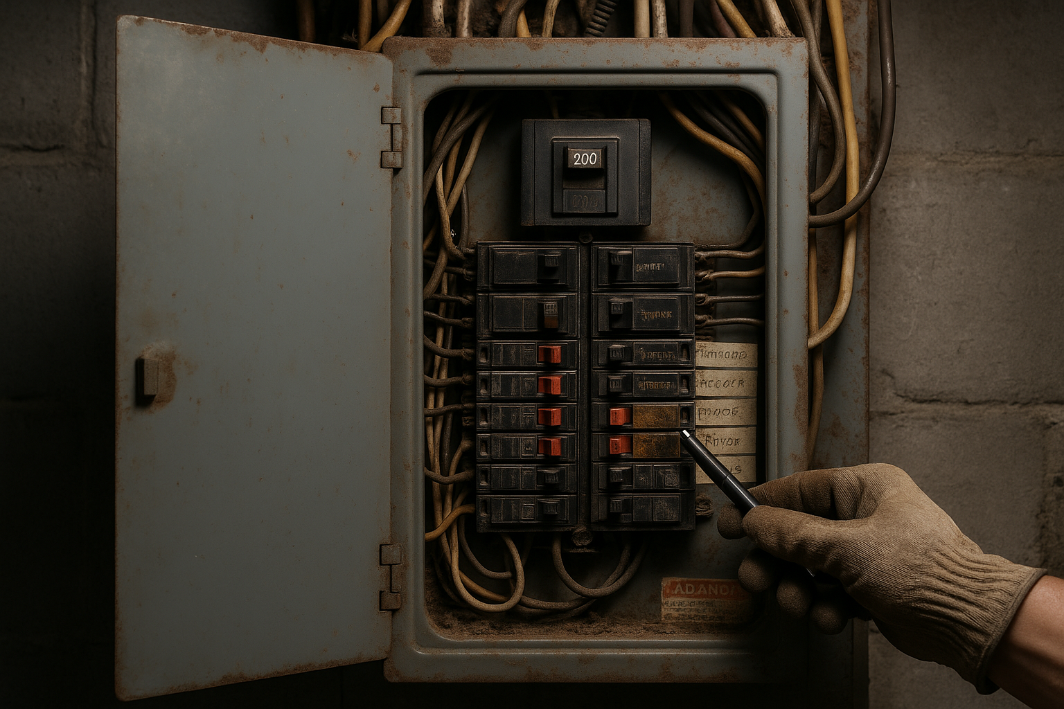 Electrical breaker panel showing tripped breakers and signs of overload