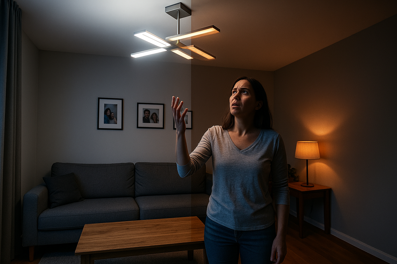 Living room showing flickering light fixture with concerned homeowner