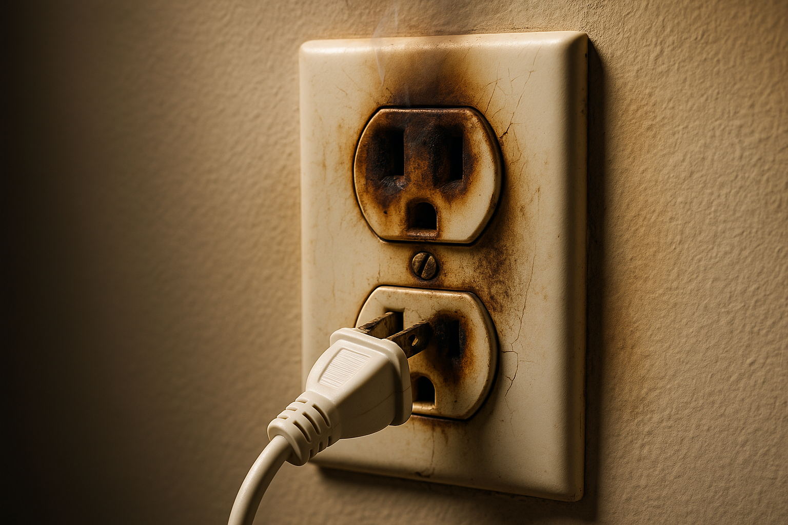 Damaged electrical outlet showing burn marks and discoloration