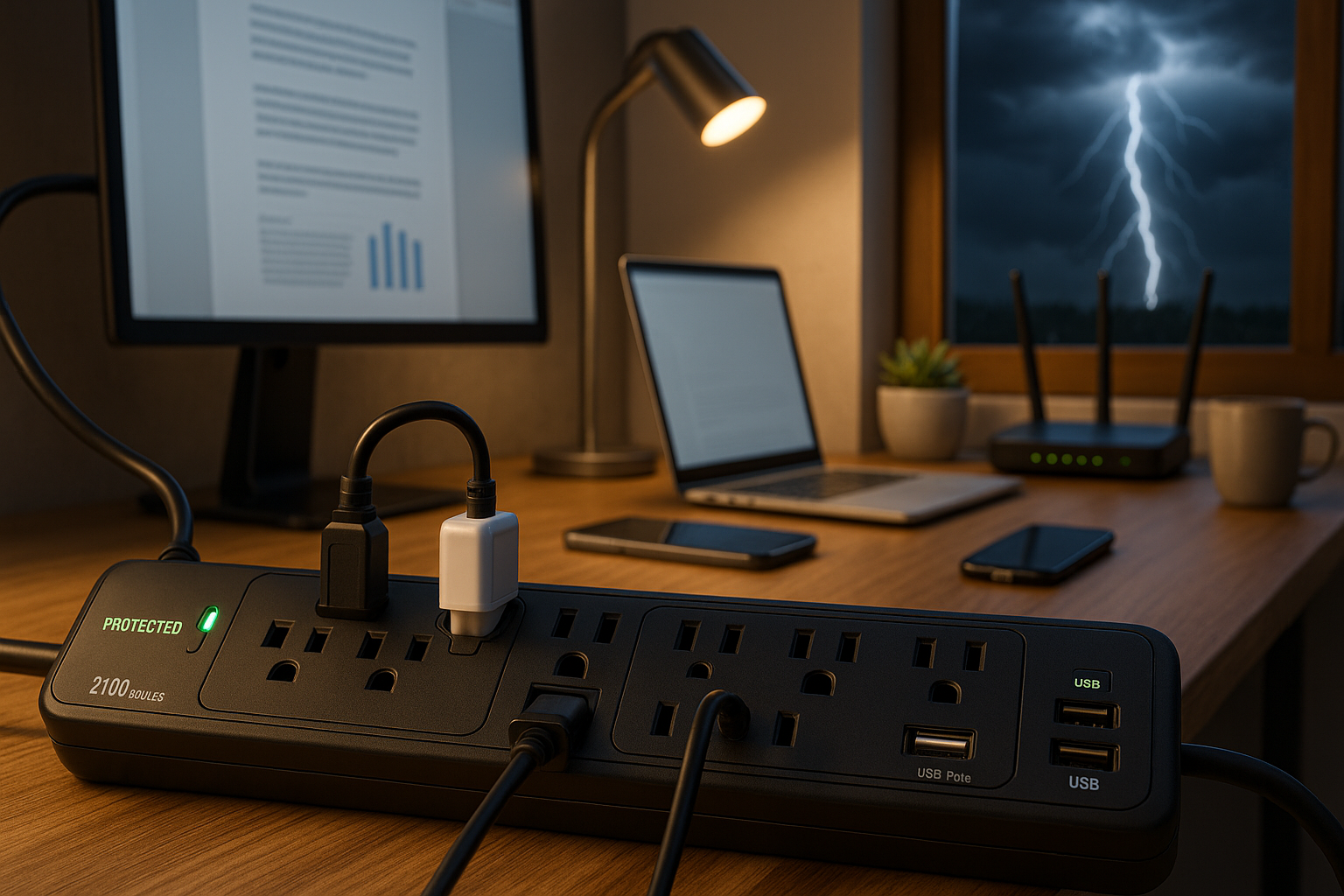 Modern home office desk with surge protector and multiple devices