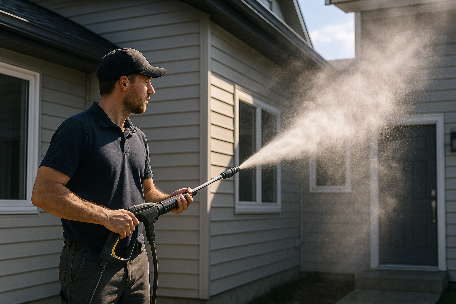 Pressure washing home exterior during summer maintenance