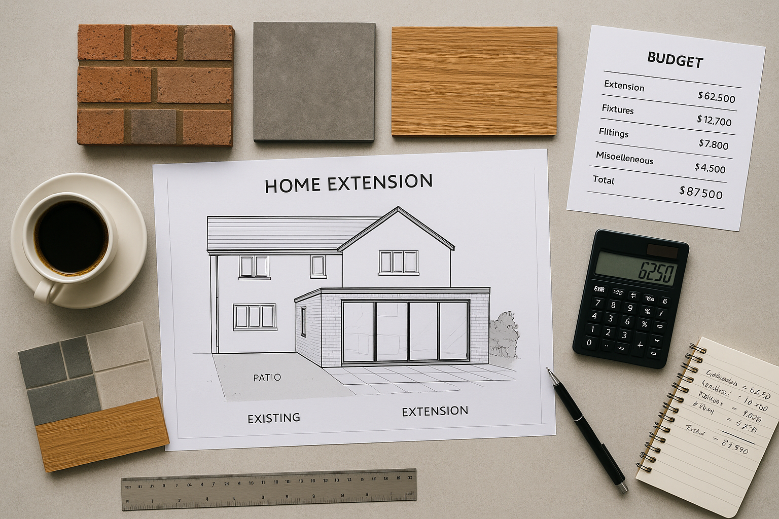 Architect reviewing extension plans with budget calculations and material samples