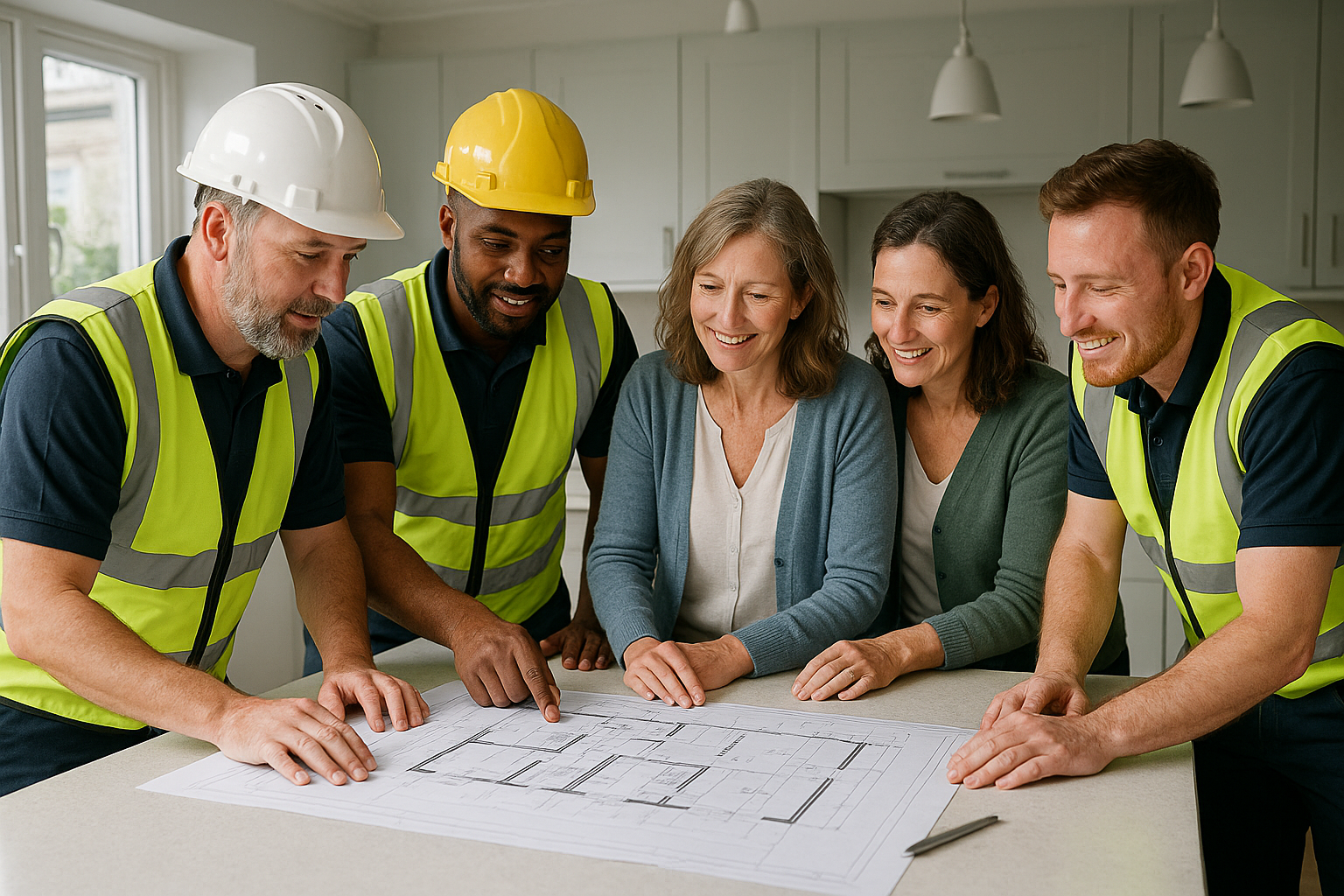 Professional builders reviewing extension plans with homeowners