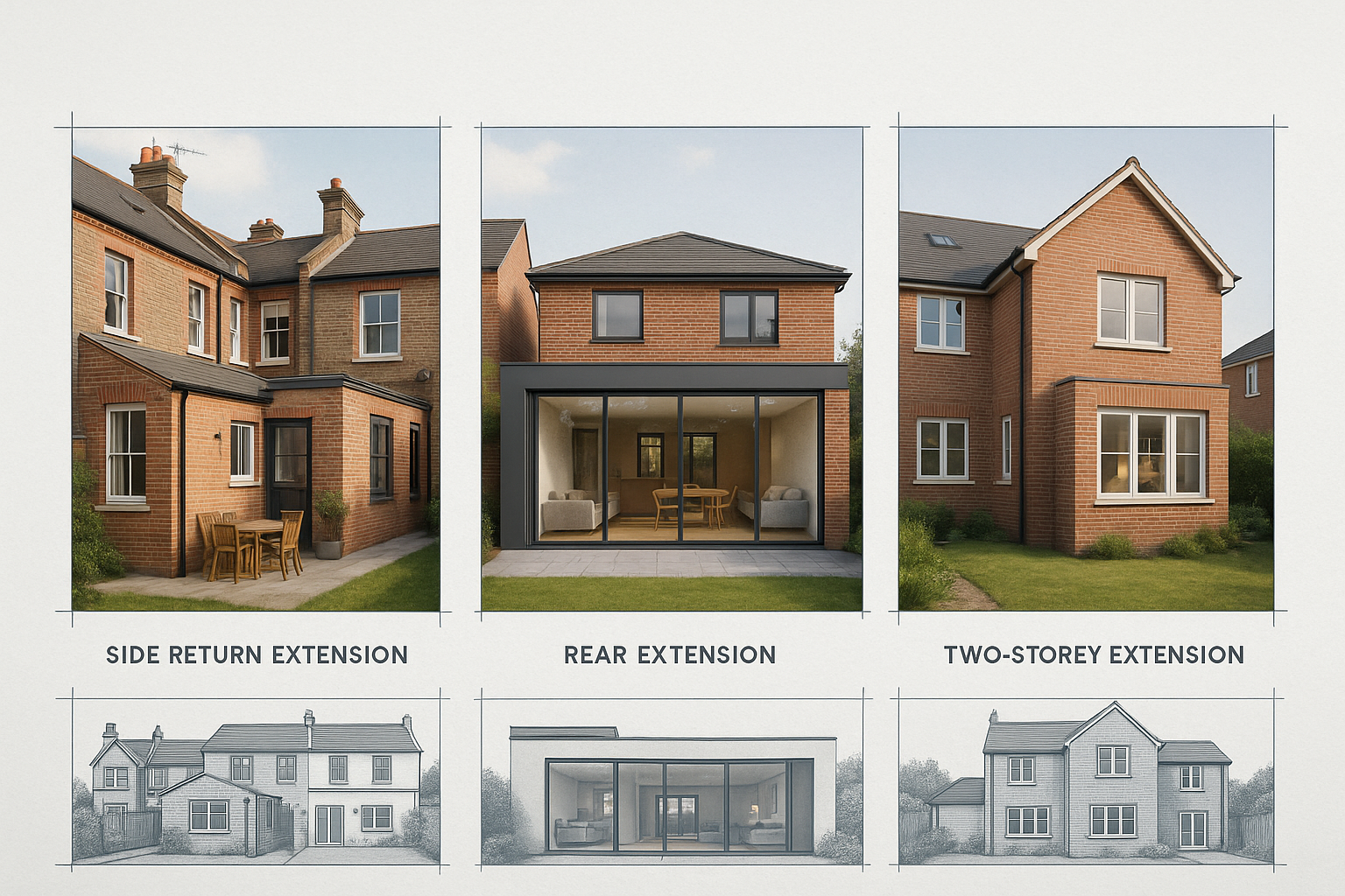 Different types of home extensions including side return, rear, and two-story extensions
