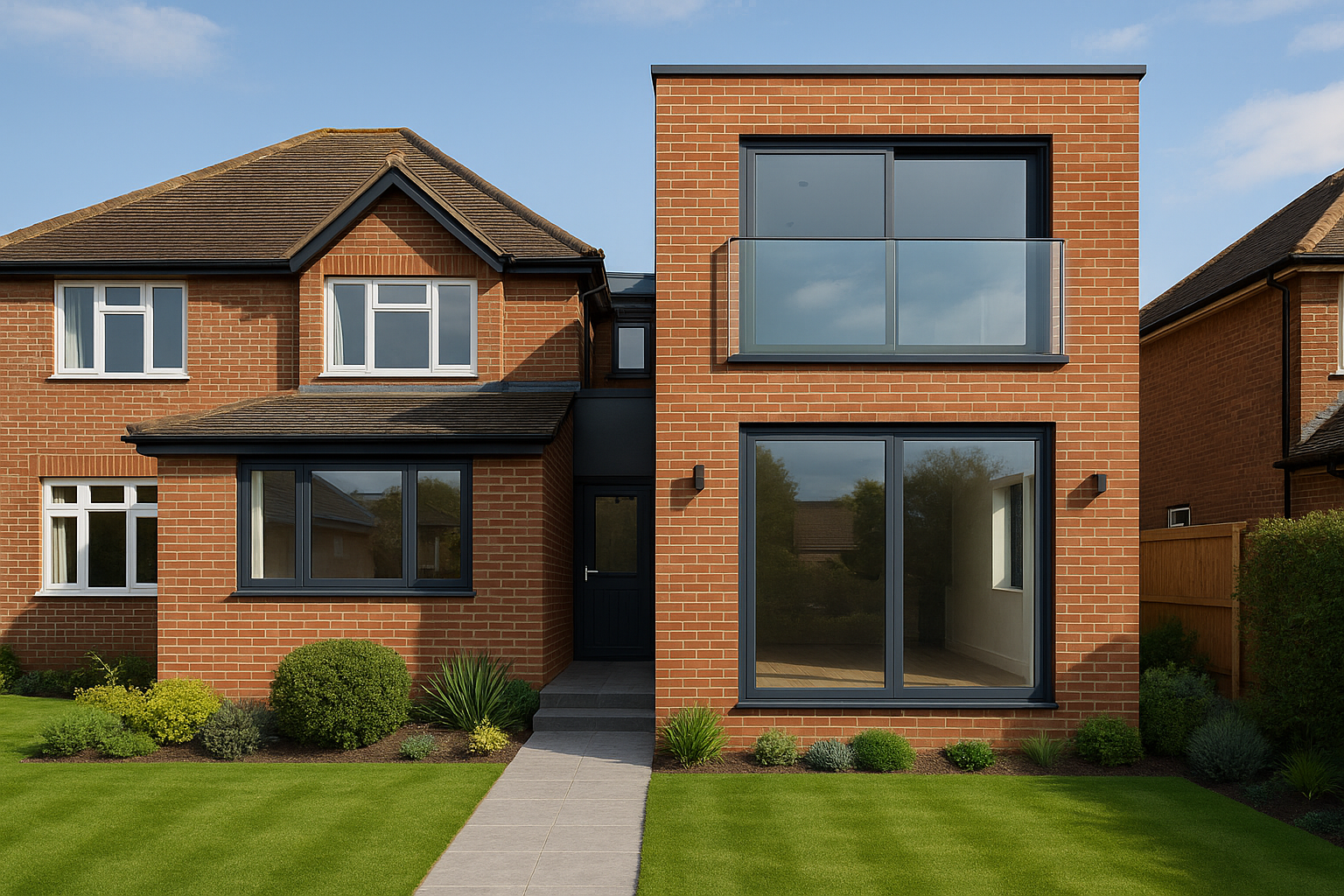 Two-storey home extension with modern design and large windows