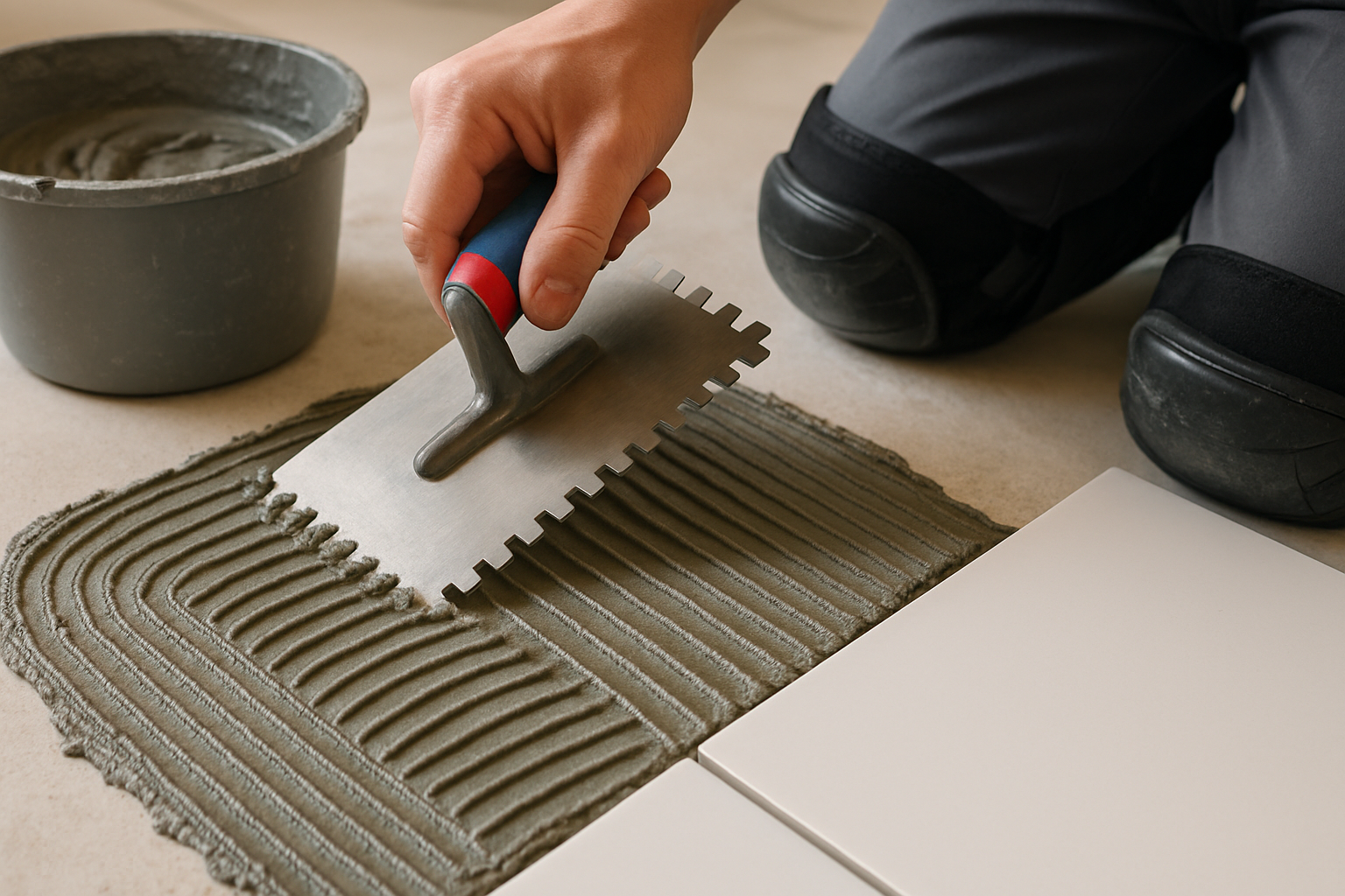 Tiler spreading adhesive with notched trowel showing correct technique and consistent coverage
