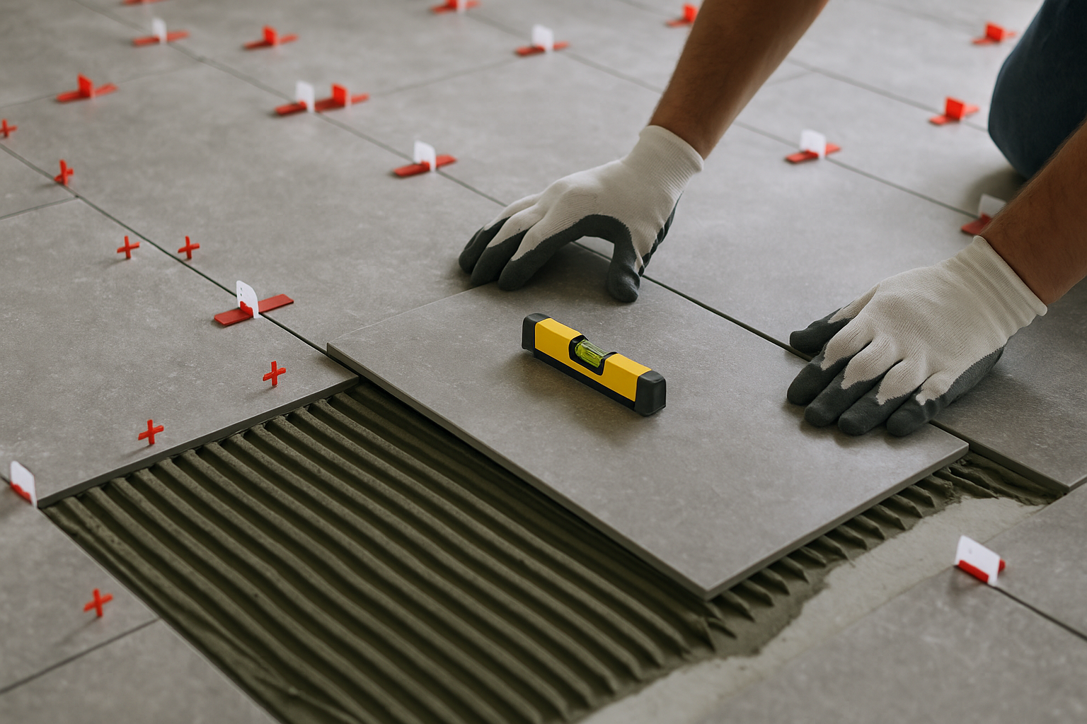 Close-up of tile being placed with spacers showing professional installation technique and level checking