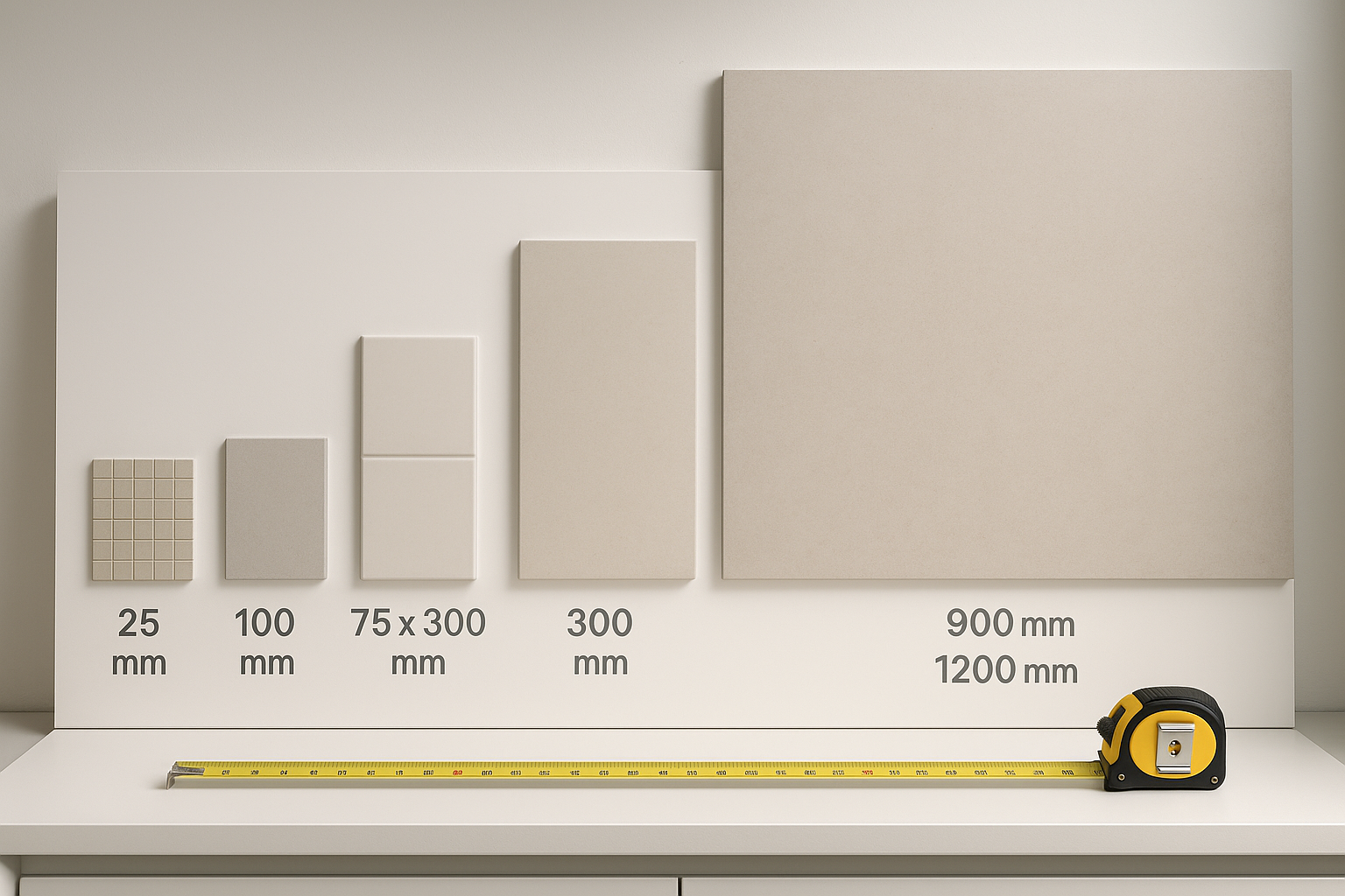 Various tile format sizes displayed from small mosaic to large format tiles with measurement labels