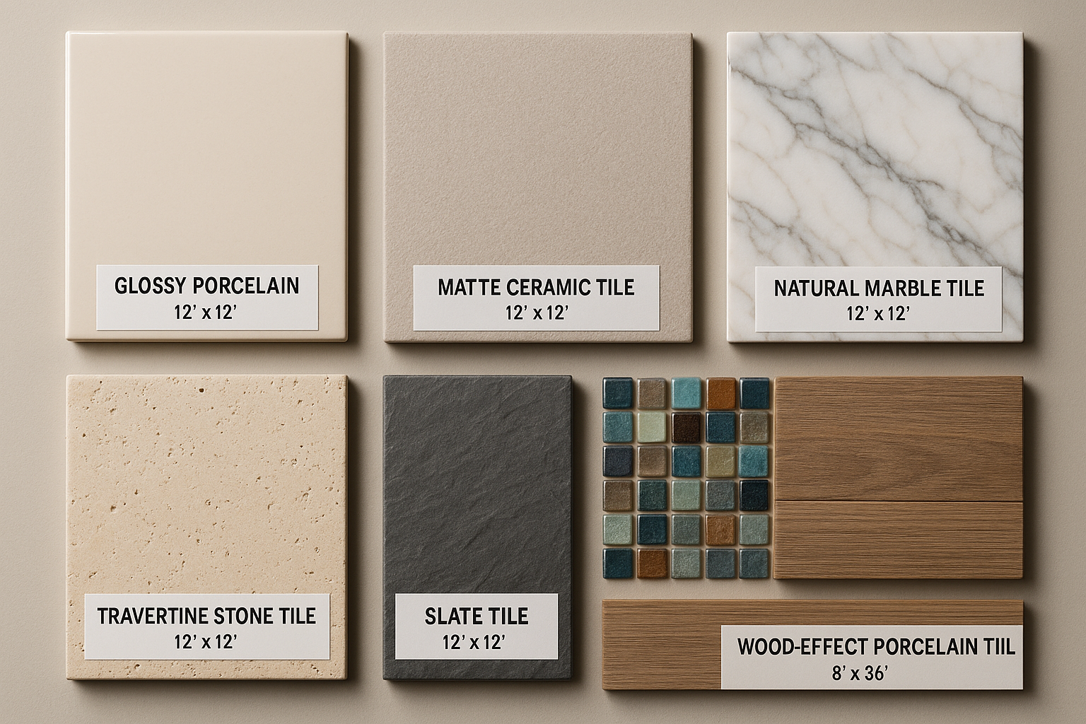 Comparison display of different tile materials including porcelain, ceramic, natural stone, and mosaic samples