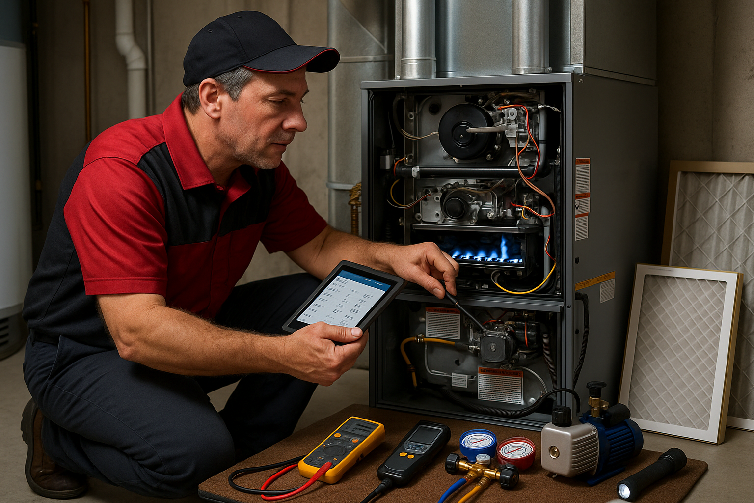 HVAC technician servicing residential heating system for winter
