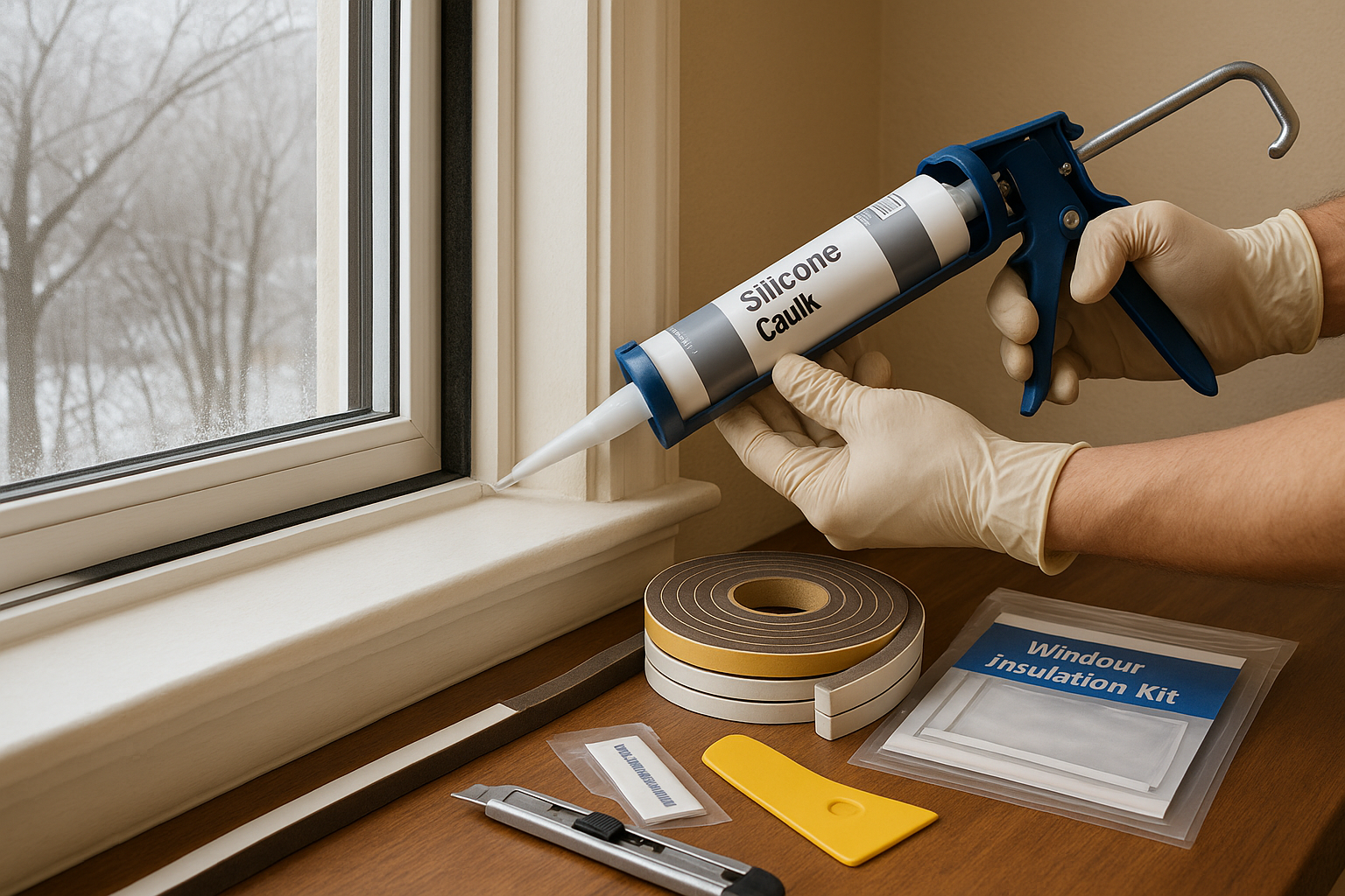 Hands applying weatherstripping and caulk to seal window for winter