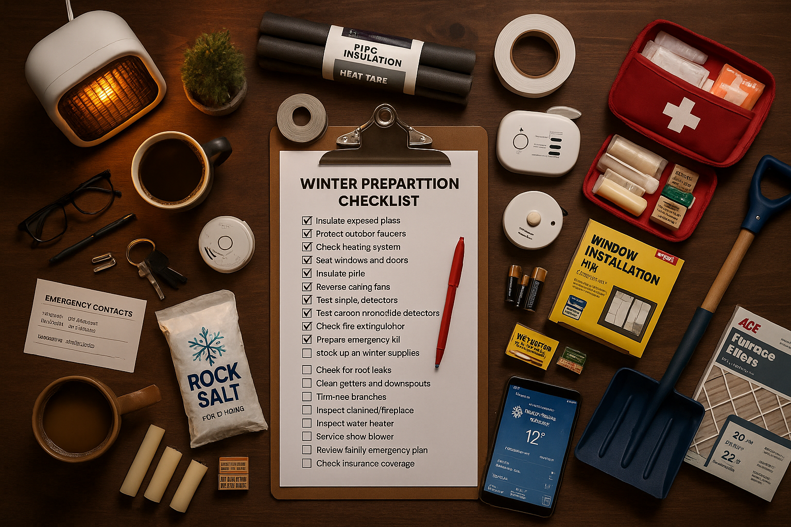 Winter home preparation checklist with emergency supplies and tools